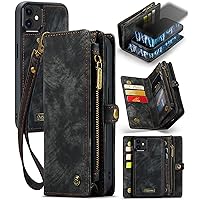 ZORSOME Wallet Case Cover for iPhone 12 Mini,2 in 1 Detachable Premium Leather PU with 8 Card Holder Slots Magnetic Zipper Pouch Flip Lanyard Strap Wristlet for Women Men Girls,Black