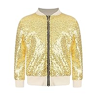 TiaoBug Kids Girls Sequins Long Sleeve Bomber Jacket Coat Zipper Jacket Hip Hop Modern Dance Disco Party Top Outwear