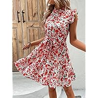 Women's Dress All Over Floral Print Butterfly Sleeve Belted Dress Dress for Women (Color : Multicolor, Size : X-Small)