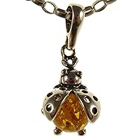 Baltic amber and sterling silver 925 cognac ladybird pendant necklace with 1mm Italian sterling silver 925 snake chain