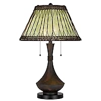 BO-3103TB Mateo Collection Two 60W Watt Metal and Resin Table Lamp with Green Stained Rattan Shade, Traditional Vintage Bedside Living Room Lamp with Double Pull Chain and Bamboo Border