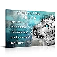Visual Art Decor Inspirational Quote Poster Before You Speak Think Canvas Poster Black and White Leopard on Abstract Turquoise and Grey Background Picture Prints Artwork for Home Office Nursury