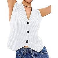 Womens Sleeveless Knit Vest Top Loose Button Down V Neck Crochet Vest Sweater Tank Top Y2k Streetwear