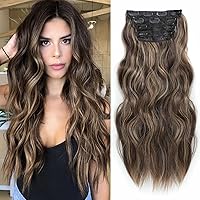 NAYOO Clip in Long Wavy Hair Extensions for Women 4PCS Curly Synthetic Thick Hairpieces with Fiber Double Weft Hair Full Head（20 inch, Balayage Chocolate Brown Mixed Caramel Blonde）
