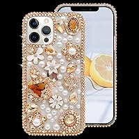 LUVI Compatible with iPhone 13 Pro Max Case 3D Bling Diamond Rhinestone Crystal Gems Glitter Shiny Sparkle Flower Pearl Cute Case for Women Protective Cover Luxury Fashion Phone Case Gold