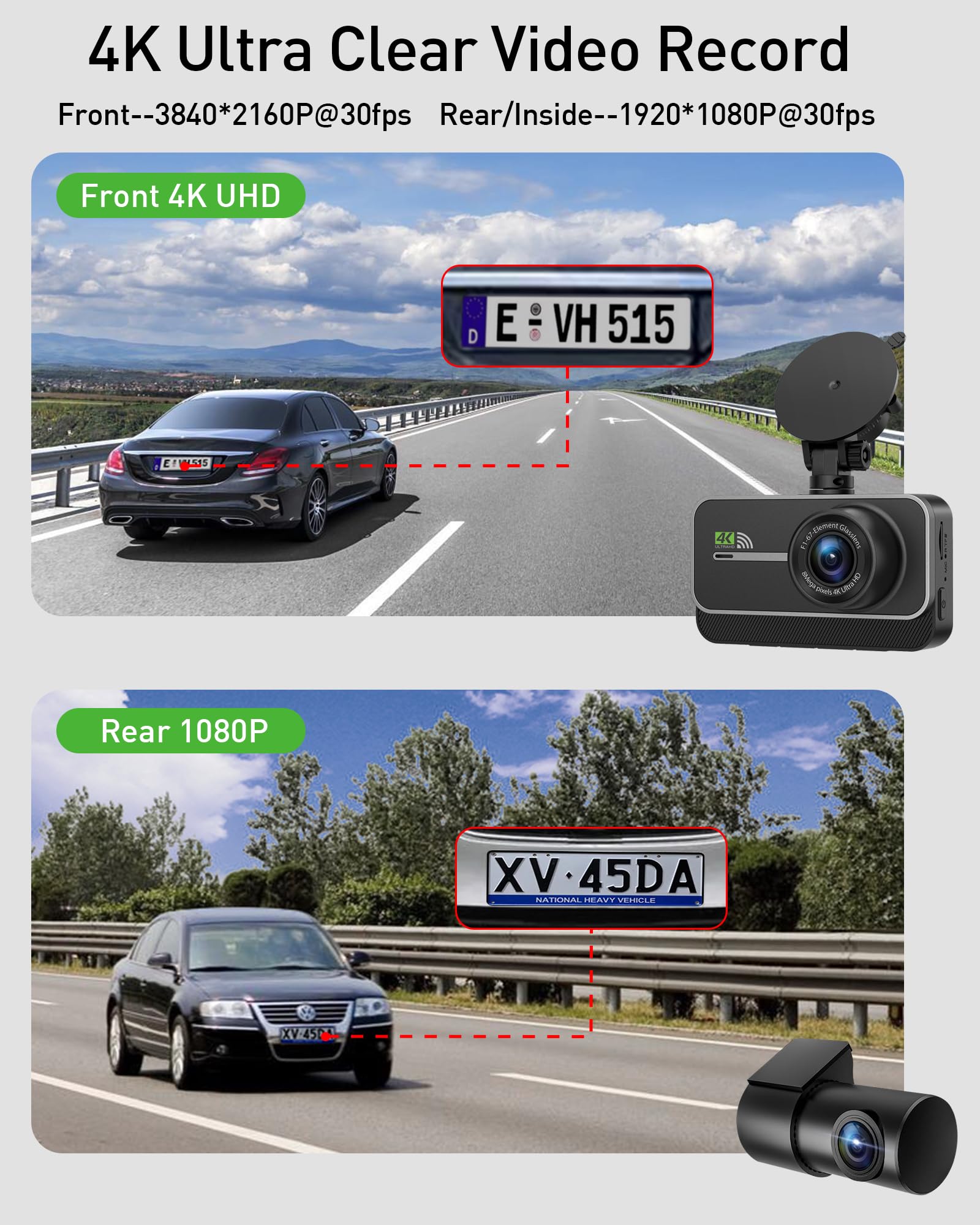 Dash Cam Front and Rear,4K+1080P WiFi Wireless Dash Camera for Cars with App, 3