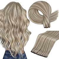 Genius Weft Hair Extension Remy Hair For Women Color Ash Blonde Highlight Bleach Blonde Hand Tied Sew In Weft Hair Extensions 16 Inch 50G Human Hair Sew In Extensions Soft Straight Hair