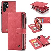 Smartphone Flip Cases Wallet Case for Samsung Galaxy S22 Ultra 5G 2 in 1 Leather Zipper Detachable Magnetic 14 Card Slots,Clutch Bag Leather Wallet Holster Flip Cases (Color : Wine)