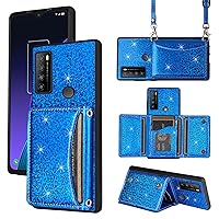 Wallet Case for TCL 30 XL T701DL with Shoulder Strap, 6 Card Slots Thin Slim Flip Purse, Credit Card Holder Stand Sparkly Glitter Bling Cell Phone Cover for 30XL 2022 4G 5G T671G Women Men Blue