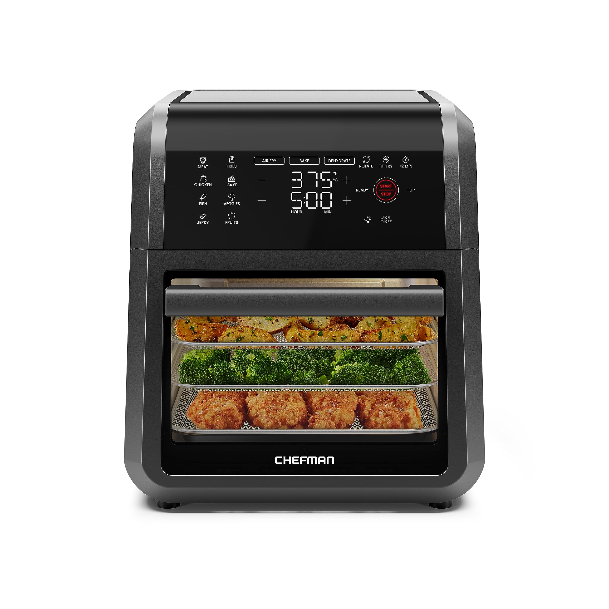 Chefman Air Fryer Oven - 12-Quart 6-in-1 Rotisserie Oven and Dehydrator, 12 Presets with Digital Timer and Touchscreen, Family Size XL Airfryer Countertop Convection Oven, Dishwasher-Safe Parts, Black