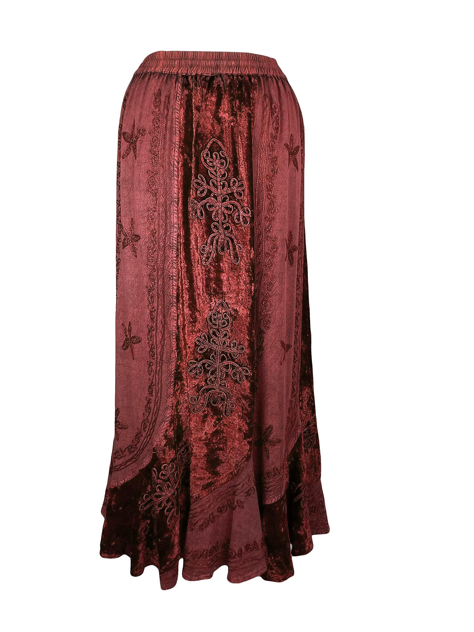 Agan Traders Women's Long Rayon Velvet High Waistband Boho Vintage Embroidered Maxi Skirt Regular Plus Size 2X 3X