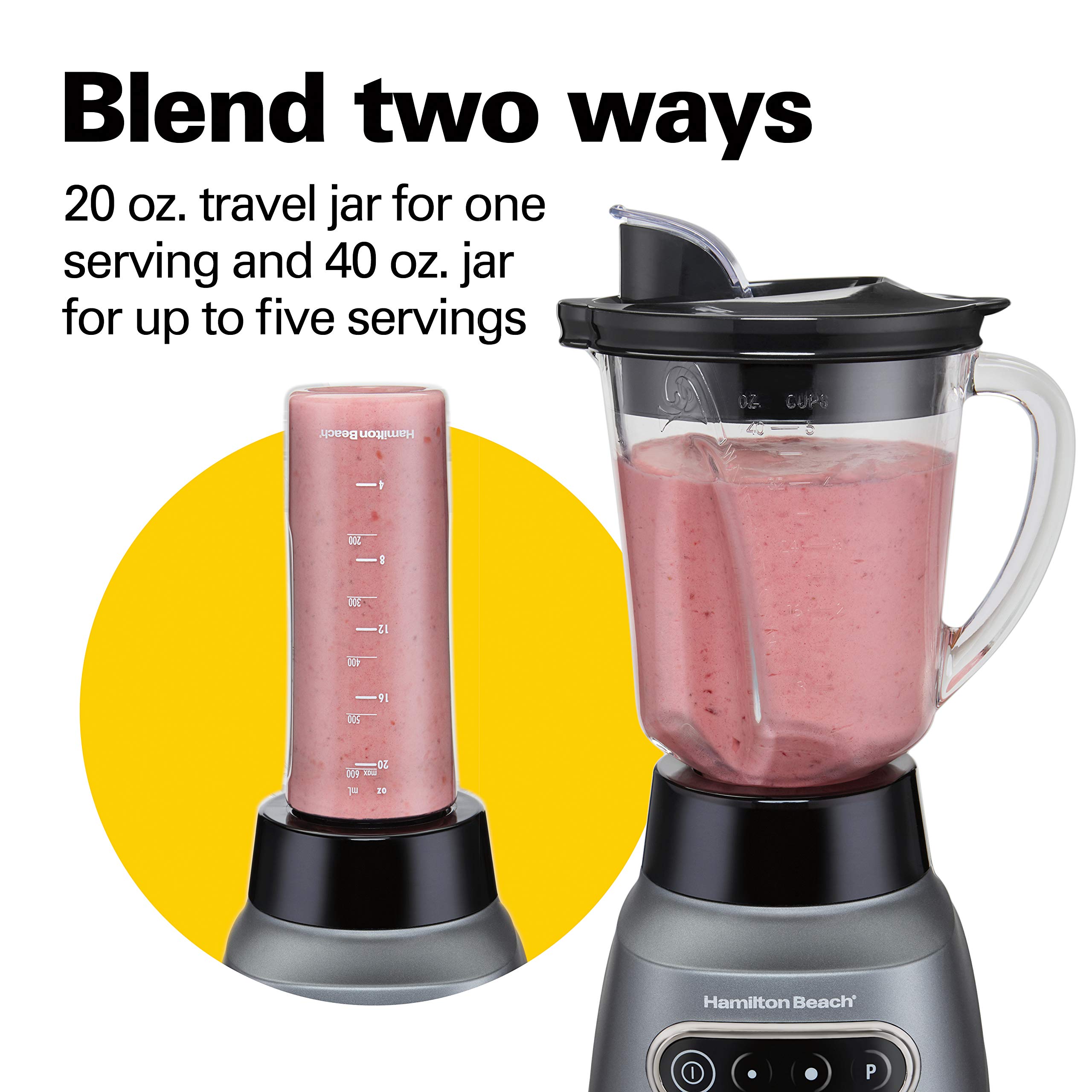 Hamilton Beach Wave Crusher Blender for Shakes and Smoothies, Puree, Crush Ice, With 40oz Glass Jar and 20oz Blend-In Portable Travel Jar, 6 Functions, Gray (58181)