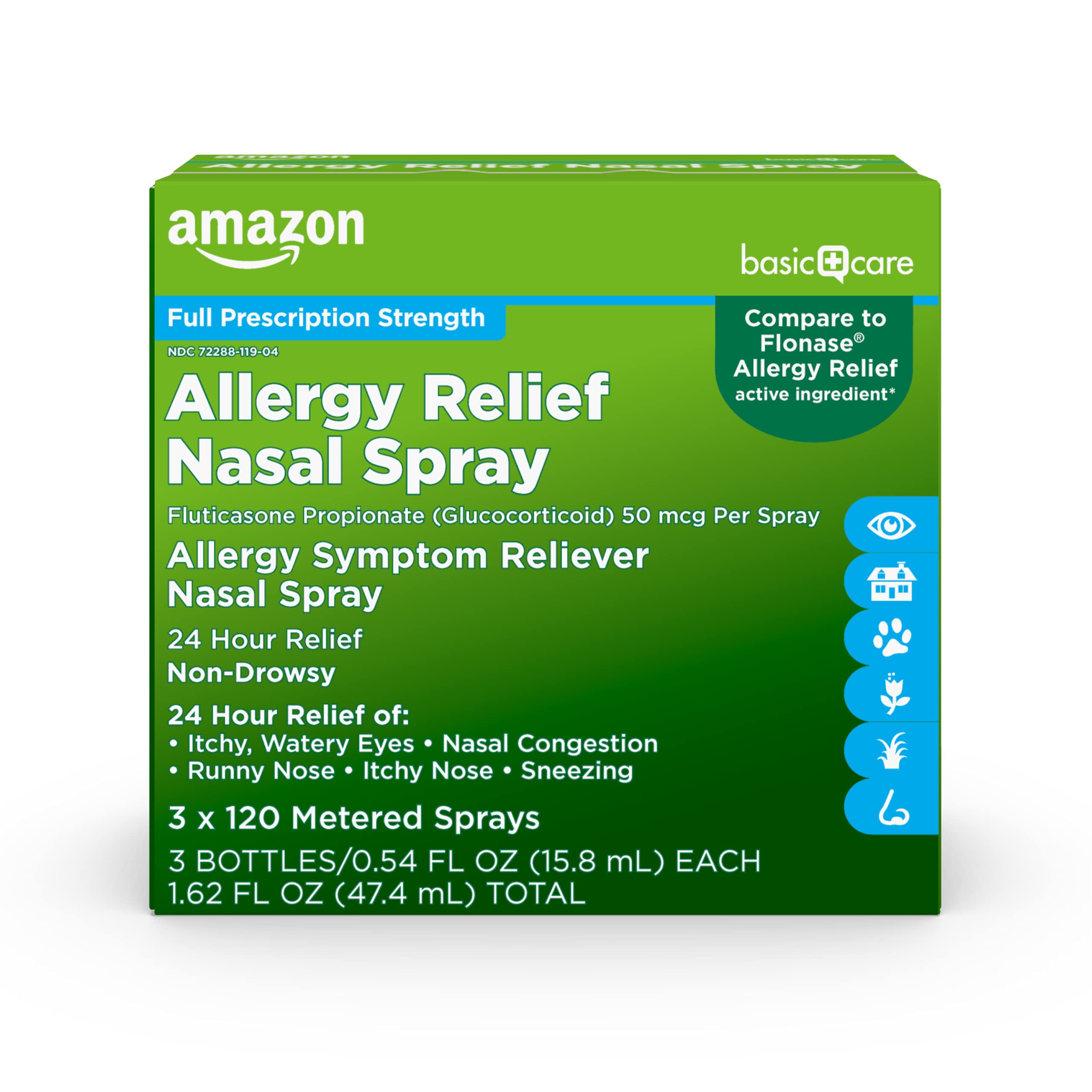 Amazon Basic Care 24-Hour Allergy Relief Nasal Spray, Fluticasone Propionate (Glucocorticoid), 50 mcg, Full Prescription Strength, Non-Drowsy, 1.62 Fl Oz (3 Packs of 0.54 Oz)