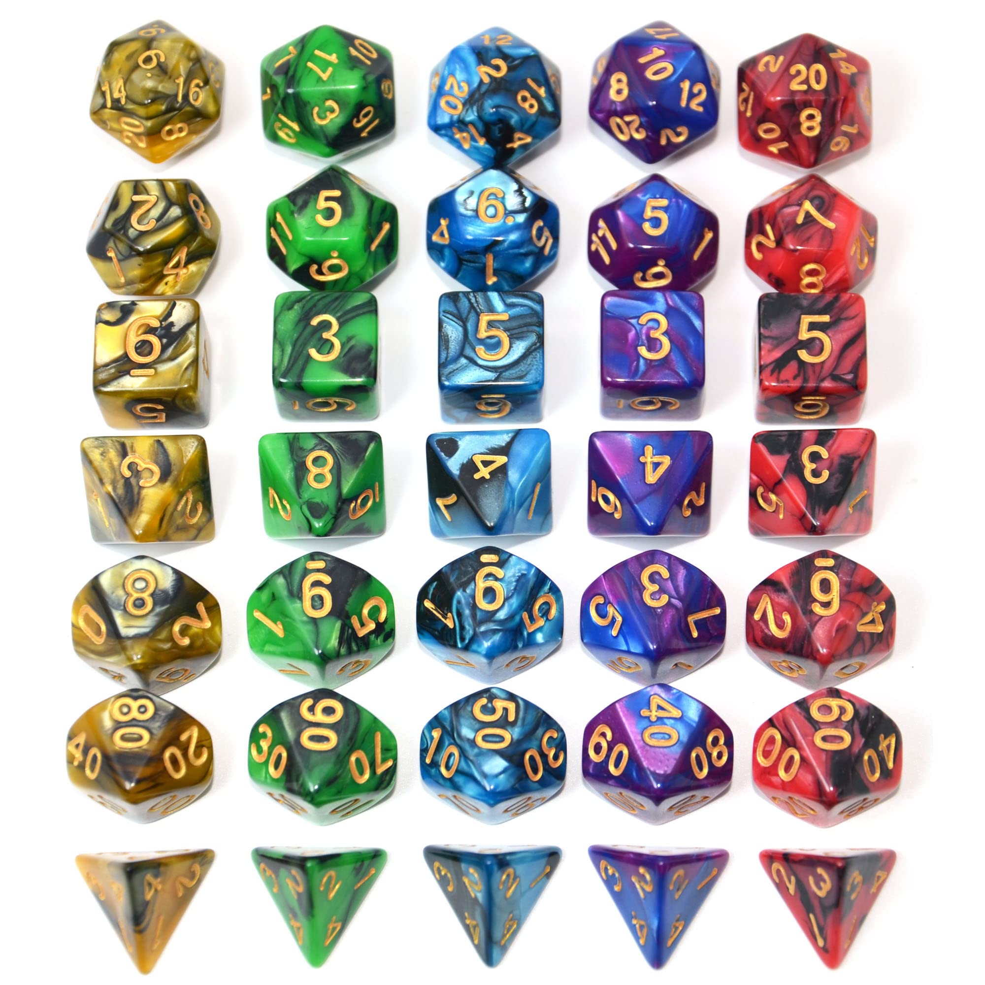 SmartDealsPro 5 x 7-Die Double-Colors Polyhedral Dice Sets with Pouches for D&D DND RPG MTG Dungeon and Dragons Table Board Roll Playing Games D4 D6 D8 D10 D% D12 D20