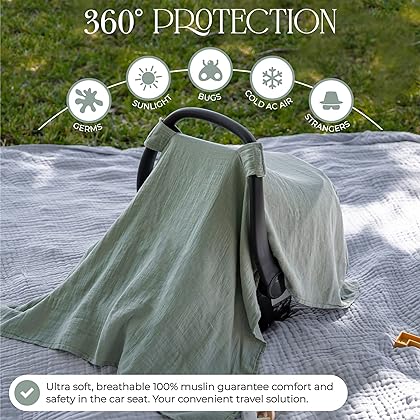 Muslin Cotton Baby Car Seat Cover, Universal Fit Carseat Canopy Covers for Babies, Girls and Boys by Comfy Cubs (Sage)