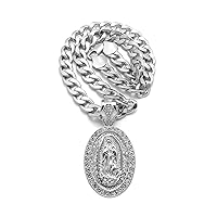 Virgin Mary Oval Pendant with Clear Crystals Encrusted Silver Tone Cuban Chain Necklace