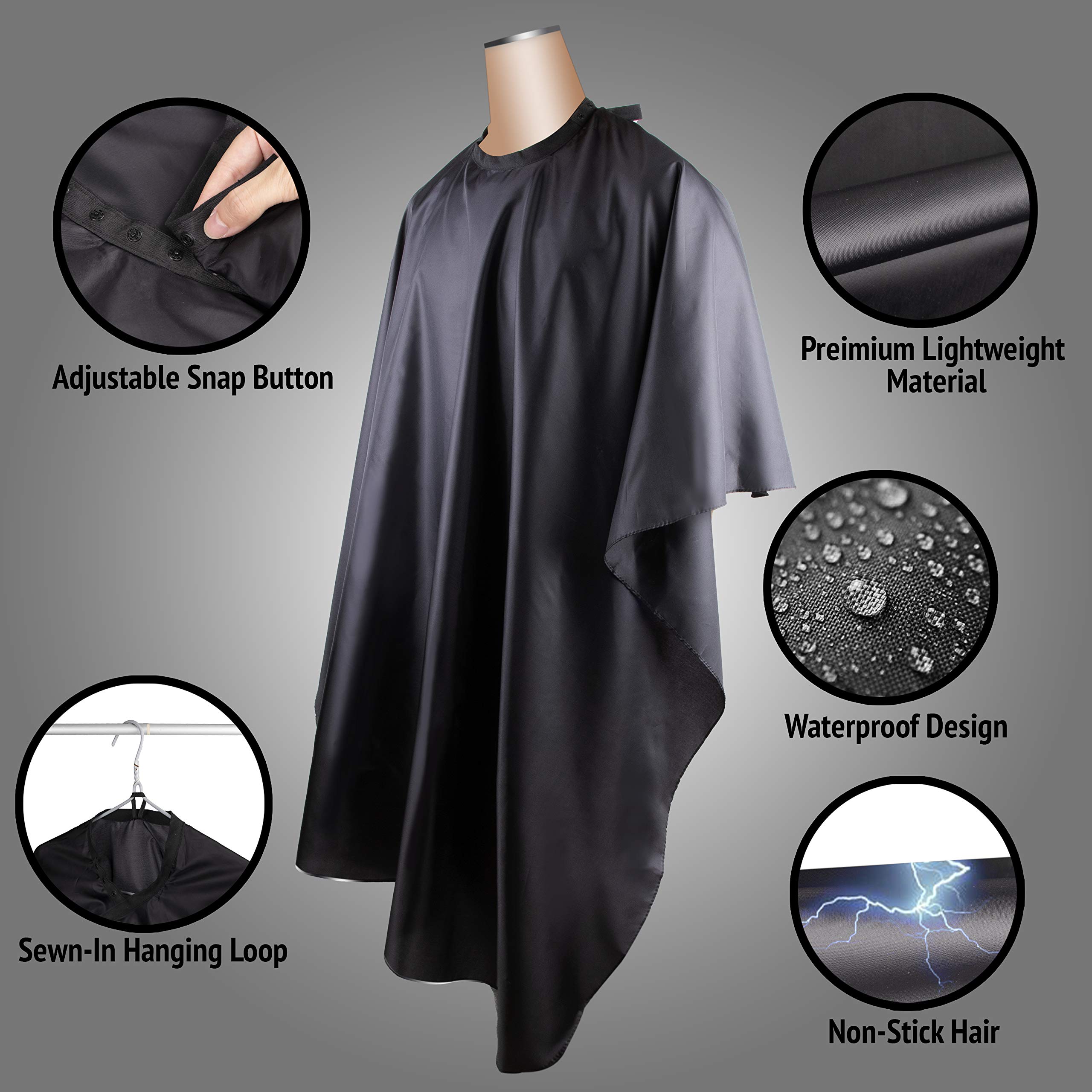Delkinz Barber Cape Large Size with Adjustable Snap Closure waterproof Hair Cutting Salon Cape for men, women and kids black - Perfect for Hairstylists (51x59 Inch (Pack of 1))