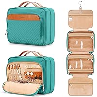 Travel Hanging Toiletry Bag for Women, Holds Full-Size Shampoo, with Jewelry Organizer Compartment, Extra Large Waterproof Cosmetic Makeup, Toiletries Kit Set with Trolley Belt, Blue
