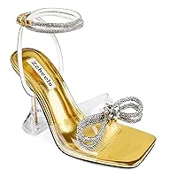 Zzheels Double Bowknots Crystal Sandals Clear Slingback Heels Square Toe Shoes for Party Wedding