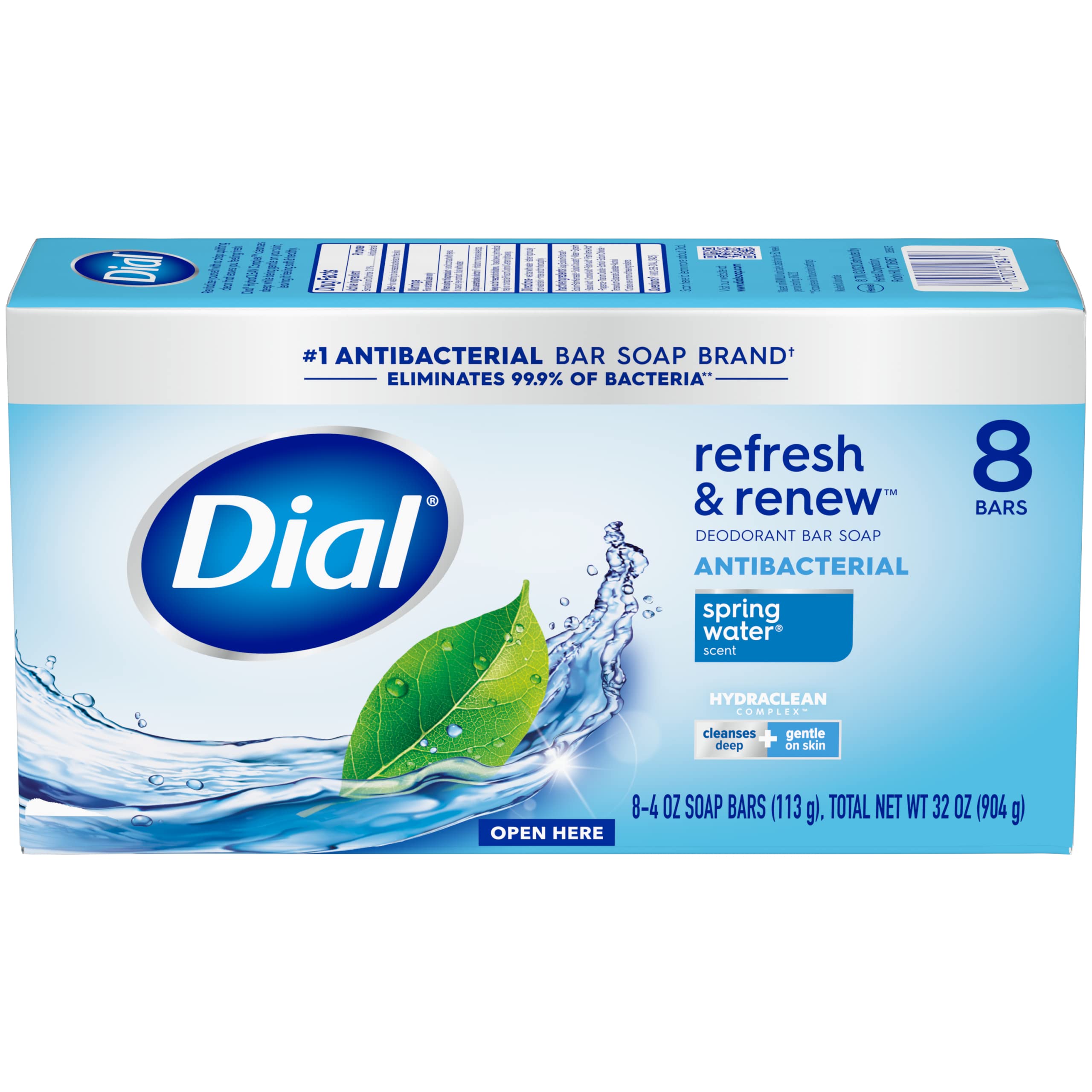 Dial Antibacterial Bar Soap, Refresh & Renew, Spring Water, 4 oz, 8 Bars