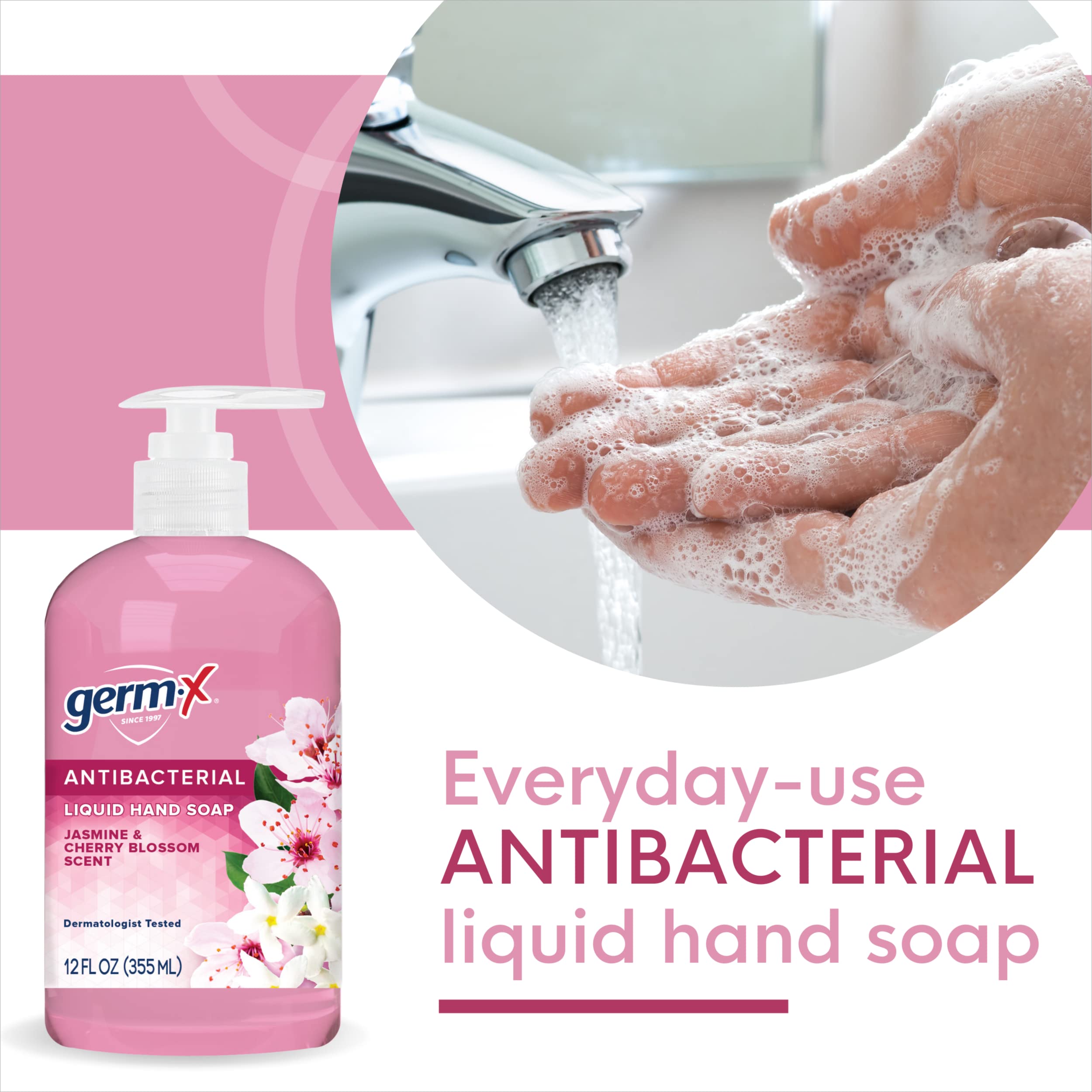 Germ-x Antibacterial Hand Soap, Moisturizing Liquid Hand Wash for Kitchen or Bathroom, pH Balanced & Dermatologist Tested, Jasmine & Cherry Blossom, 12 oz Pump Bottle (Pack of 4)