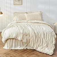 King Size Comforter Set Bedding - Ruched Wheat Comforter King Bed Set Boho Shabby Chic Bedding for Bedroom Comforter Fluffy 3 Piece Ruffle Comforter Set with Pillow White Bedding Soft and Luxury