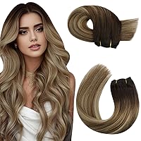 Moresoo Weft Hair Extensions Human Hair Remy Brown Sew in Weft Hair Extensions Ombre Brown to Light Brown with Golden Blonde Sew in Hair Extensions 16Inch 100G