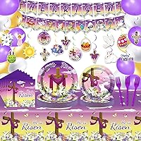 178 Pcs Easter He is Risen Tableware Party Supplies Set for 24 Guests Easter Party Decoration Kit Includes Hanging Banners Foil Swirls Cutouts Religious He is Risen Decorations Party Favors