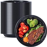 YANGRUI Reusable Plastic Plates, 9 Inch 3 Compartments 150 Pack Food Grade Material BPA Free Black Dinner Plates