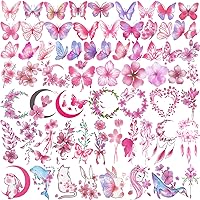 PAGOW 60 Sheets Pink Butterfly Temporary Tattoos Self-adhesive Flower Rabbit Whale Face Body Arm Tattoos Stickers Waterproof Christmas Valentines Birthday Party Decoration for Women Girls Adults