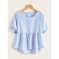 Women's Tops Shirts Sexy Tops for Women Striped High Low Babydoll Blouse Shirts for Women (Color : Blue and White, Size : Small)
