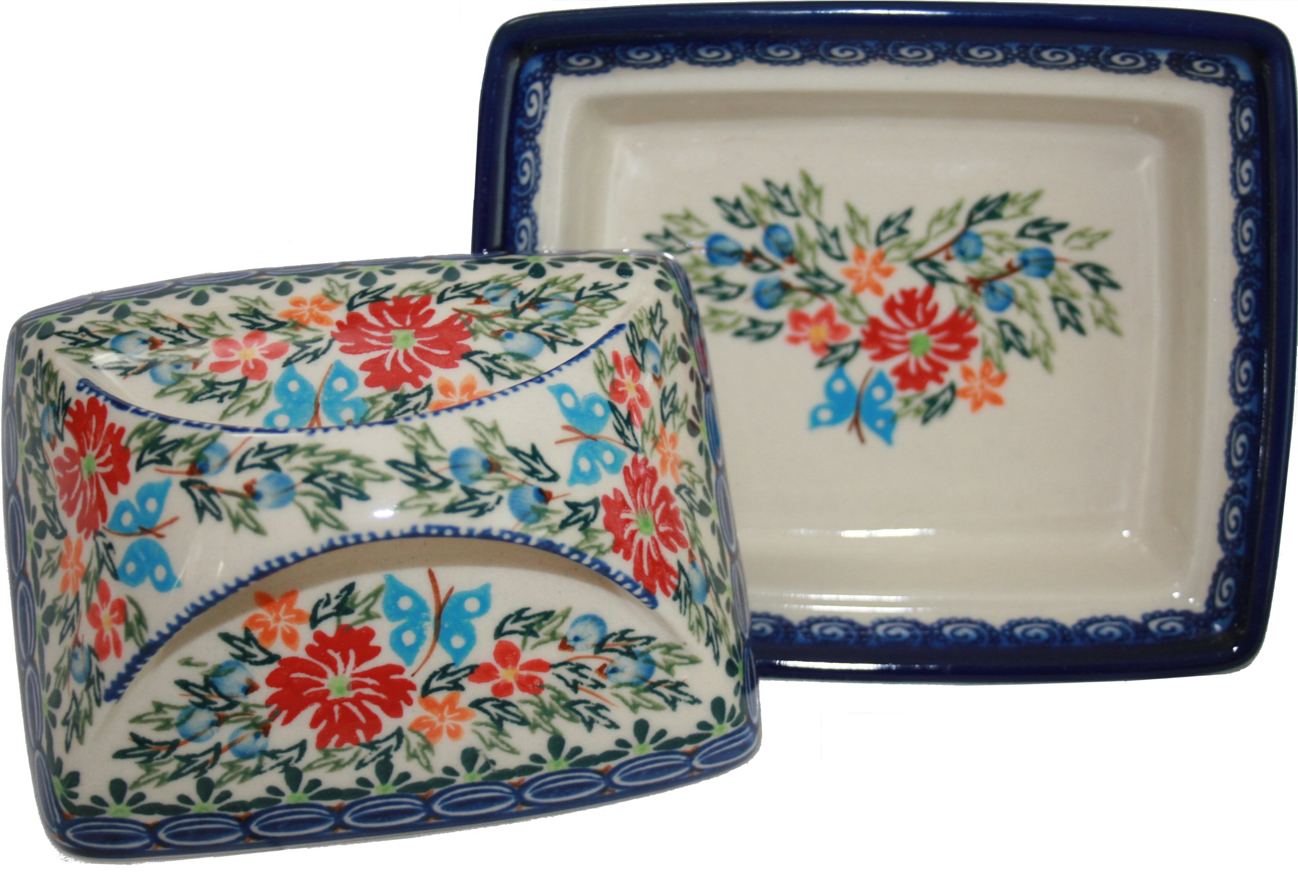 Polish Pottery Ceramika Boleslawiec, 0352/238, Butter Dish Deep, 2 Cubes, Royal Blue Patterns with Red Cornflower and Blue Butterflies Motif