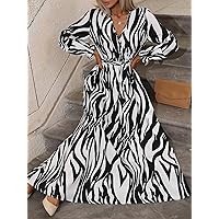 Womens Fall Fashion 2022 Zebra Striped Surplice Neck Belted Dress (Color : Black and White, Size : Large)
