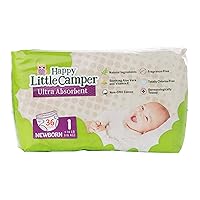 Happy Little Camper Ultra-Absorbent Natural Baby Diapers Size 1 - Hypoallergenic & Chlorine-Free Disposable Diapers Safe for Sensitive Skin - Unscented Newborn Diapers - 36 Count