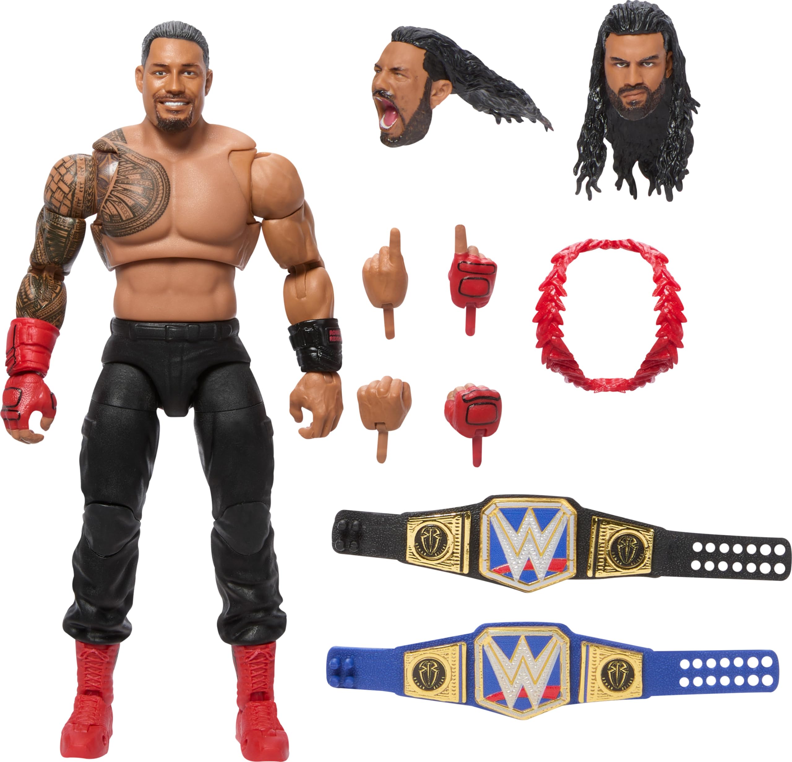Mattel WWE Ultimate Edition Action Figure & Accessories, 6-inch Roman Reigns Collectible Set, Swappable Heads & Hands, Entrance Gear & 30 Articulation Points