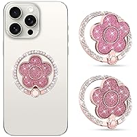 Glitter Cell Phone Metal Flower Ring Holder Stand, 180 Rotate Finger Ring Diamond Kickstand for Smartphones,2 Pack(Pink/Hot Pink Flower)