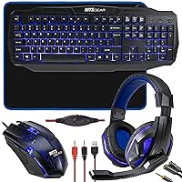 Ritz Gear Gaming Accessories Kit (Blue) | 4-in-1 LED Backlight Bundle PC Combo with Multimedia Keyboard, Optical Mouse, Mouse Pad & Headset with Adapter | for Windows 7+ Desktop, Laptop, Xbox & PS4