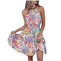 Summer Dress for Women 2024 Floral Print Bohemian Sexy Fashion with Sleeveless Ruched Tunic Halter Dresses