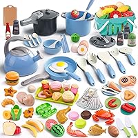 130Pcs Kitchen Playset, Toddler Pretend Cooking Play Pots, Pans, Utensils Cookware, Daily Food Fruit Veges, Shopping Storage Basket, Dessert, Prop Money, Learning Gift for Child (Blue)
