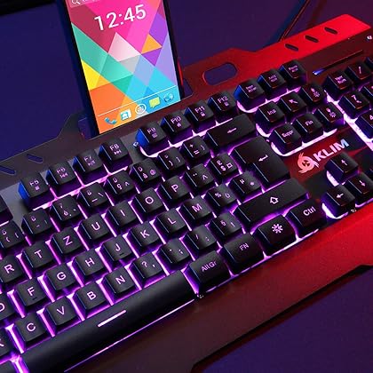 KLIM Lightning Gaming Keyboard - New 2023-7 LED Colors - Ergonomic Mechanical Feel Keyboard with Metal Frame - Compatible with PC Mac PS4 PS5 Xbox One - Wired Hybrid Keyboard