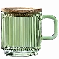 Lysenn Glass Coffee Mug with Lid - Premium Classical Vertical Stripes Glass Tea Cup - for Latte, Tea, Chocolate, Juice, Water - Lead-Free - Bamboo Lid - Lime Green