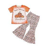 Douhoow Happy Halloween Thanksgiving Outfit for Toddler Baby Girl Pumpkin T-shirt Top Flared Leopard Pants Clothes
