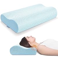 Anvo Memory Foam Pillow, Neck Contour Cervical Orthopedic Pillow for Sleeping Side Back Stomach Sleeper, Ergonomic Bed Pillow for Neck Pain - Blue White, Soft
