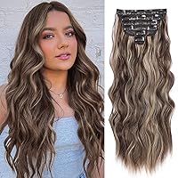 NAYOO Clip in Hair Extensions for Women 20 Inch Long Wavy Curly Dark Brown Mix Blonde Hair Extension Full Head Synthetic Hair Extension Hairpieces(6PCS, Dark Brown Mix Blonde)