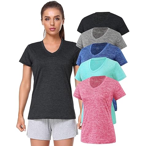 5-Pack Women's Short Sleeve Dry Fit T-Shirt Moisture Wicking Athletic V-Neck Tee