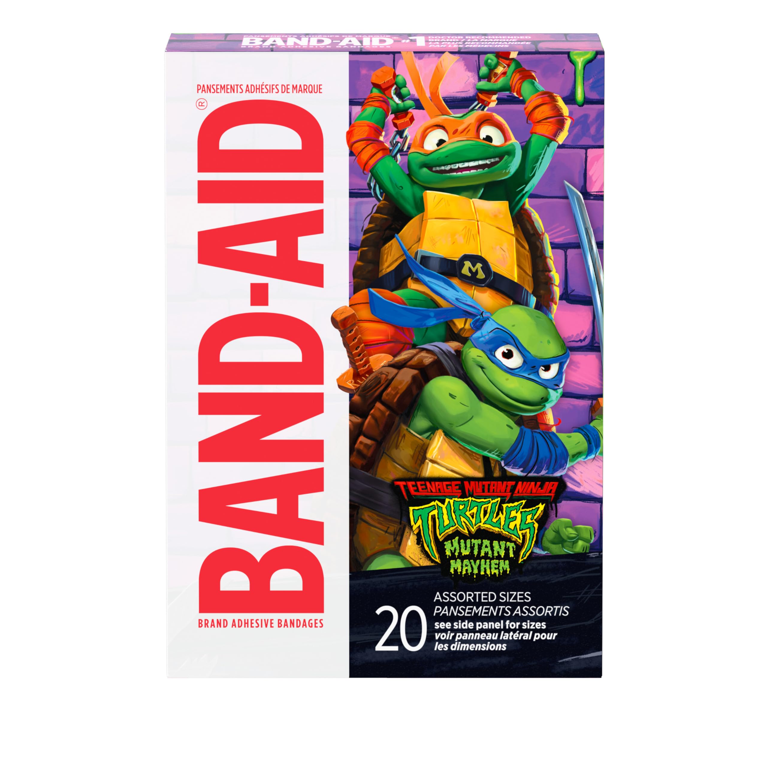 Band-Aid Brand Adhesive First Aid Bandages for Minor Cuts & Scrapes, Wound Care Featuring Nickelodeon TMNT Characters, Fun Bandages for Kids & Toddlers, Sterile, Assorted Sizes, 20 Ct