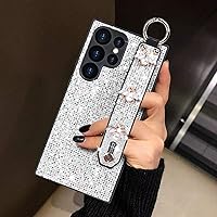 Guppy Compatible with Samsung Galaxy S24 Ultra Bling Stand Holder Case, Luxury Sparkle Bling Protector Cover with Stand Holder Hand Strap,Glitter Cute Bee Wrist Strap Kickstand Phone Case