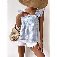 Womens Summer Tops Gingham Print Ruffle Sleeve Peplum Blouse (Color : Blue and White, Size : Large)