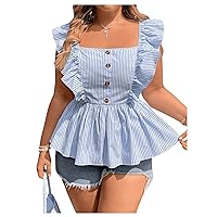 SweatyRocks Women's Plus Size Striped Button Front Ruffle Hem Shirts Cap Sleeve Square Neck Blouse Tank Top