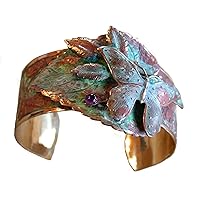 Butterfly on Leaf Cuff Bracelet - Verdigris Patina Brass - USA Made